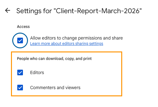 Google Drive sharing settings for a spreadsheet: checkboxes for editors and for commenters and viewers under People who can download, copy, and print, plus Allow editors to change permissions and share