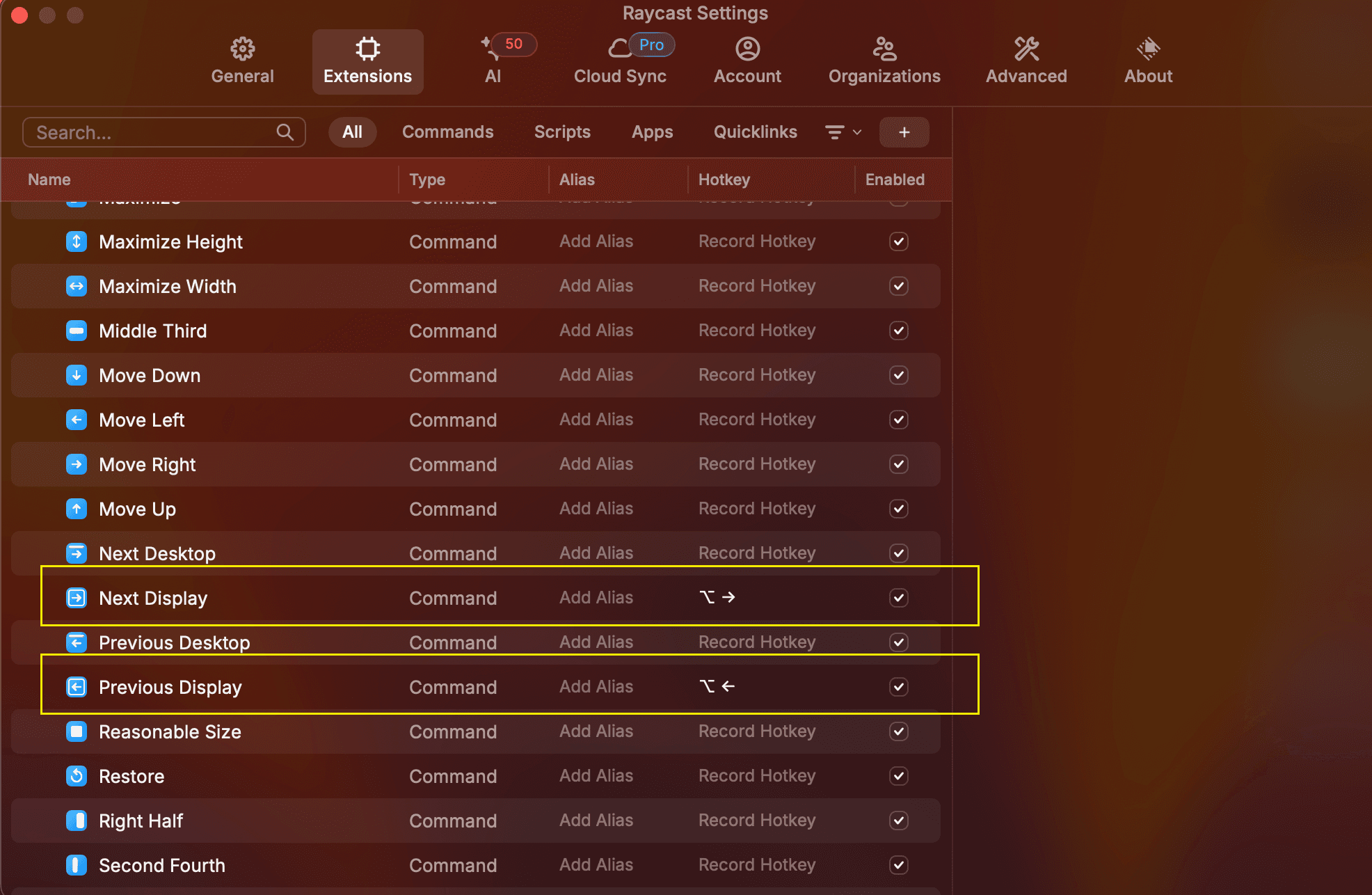 Raycast Settings, Window Management: Next Display and Previous Display
