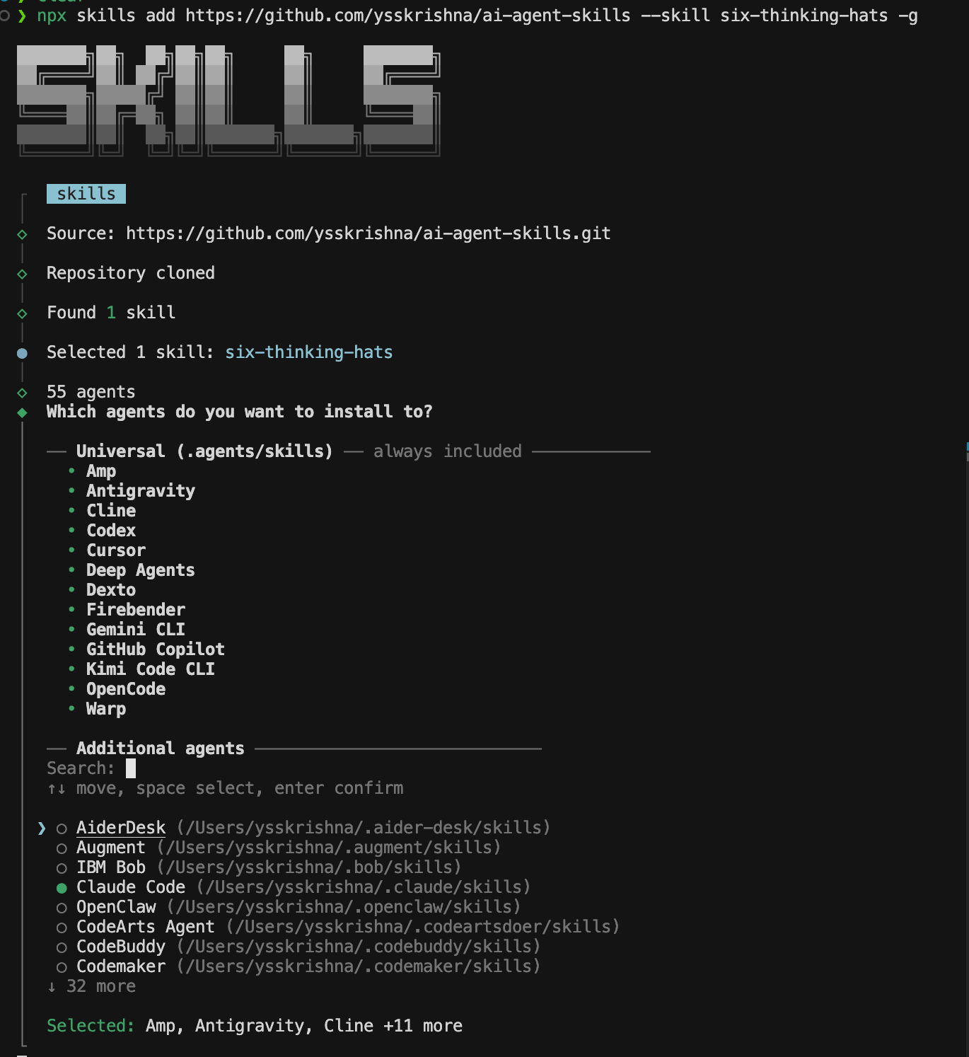 Skills CLI prompt: choose agents, shared ~/.agents/skills vs optional per-tool paths