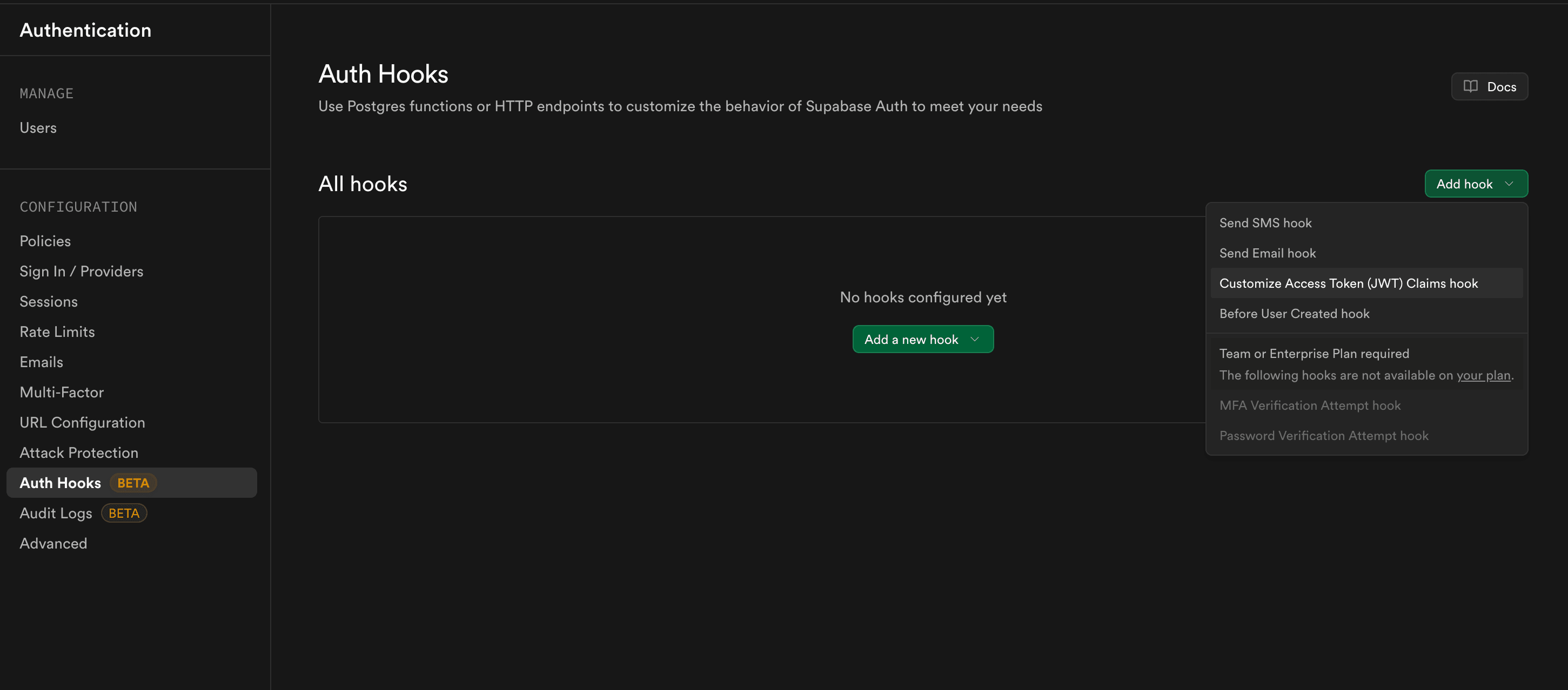 Auth Hooks - Add Customize Access Token (JWT) Claims Hook