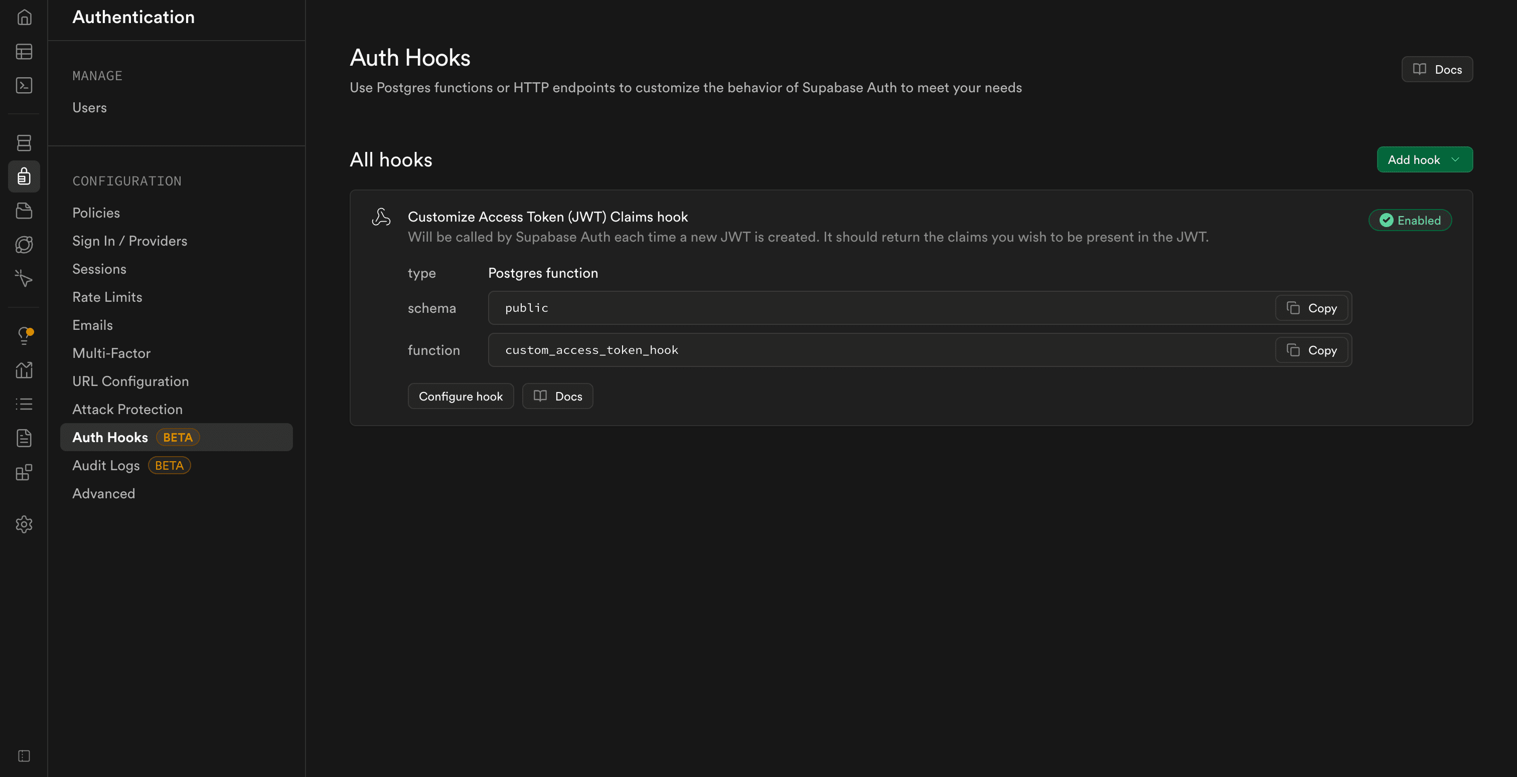 Auth Hooks - Verify Customize Access Token (JWT) Claims Hook