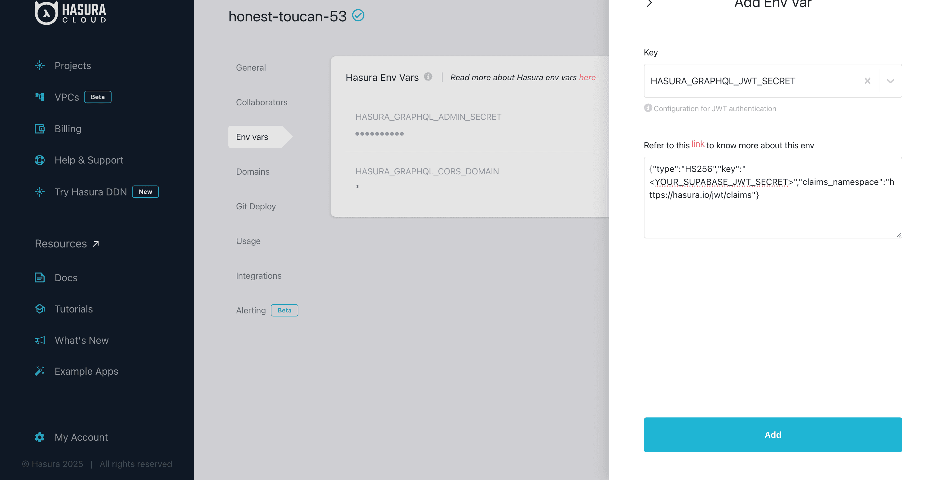 Hasura Cloud - JWT Secret Environment Variable