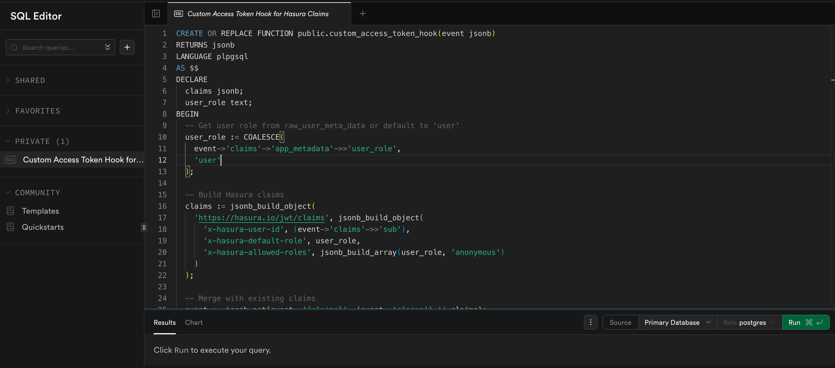 SQL Editor - Customize Access Token (JWT) Claims Hook