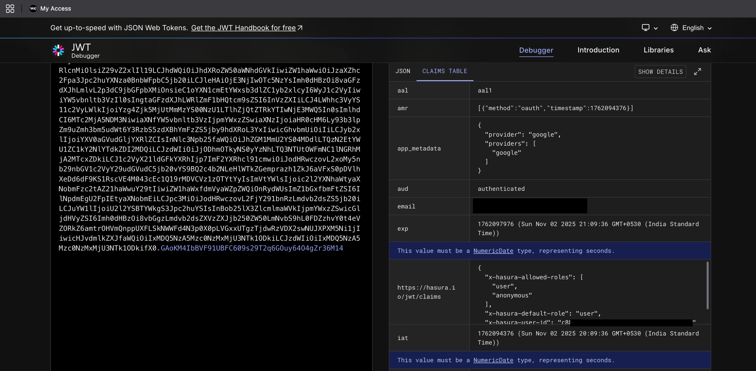 Decoded JWT with Hasura Claims